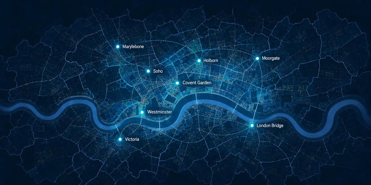 Map of Central London marking Marylebone, Soho, Holborn, Covent Garden, Moorgate, Westminster, Victoria and London Bridge