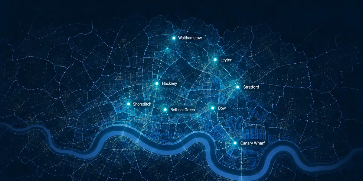 Map of East London marking Walthamstow, Leyton, Stratford, Hackney, Shoreditch, Bethnal Green, Bow and Canary Wharf