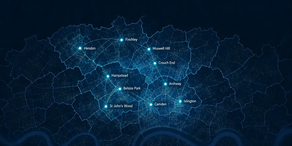 Map of North London marking Hendon, Finchley, Muswell Hill, Crouch End, Hampstead, Belsize Park, St John’s Wood, Archway, Camden and Islington