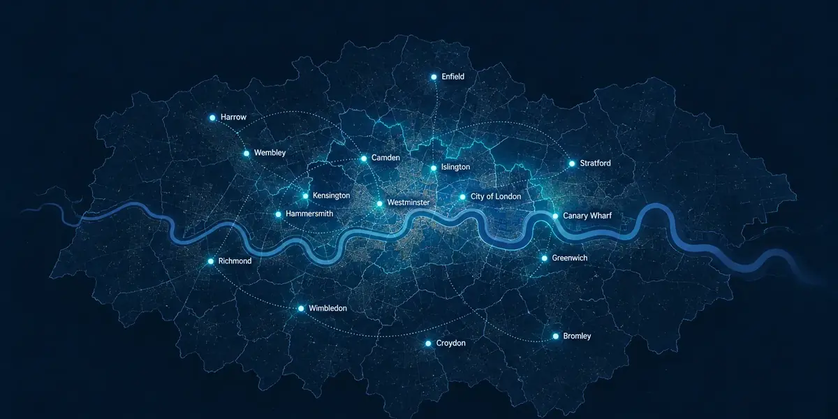 Map of Greater London marking Enfield, Harrow, Wembley, Richmond, Wimbledon, Croydon, Bromley and Stratford