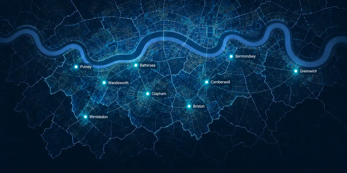 Map of South London marking Putney, Wandsworth, Wimbledon, Battersea, Clapham, Brixton, Camberwell, Bermondsey and Greenwich