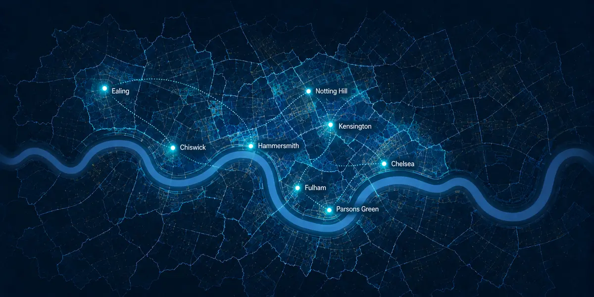 Map of West London marking Ealing, Chiswick, Hammersmith, Notting Hill, Kensington, Chelsea, Fulham and Parsons Green
